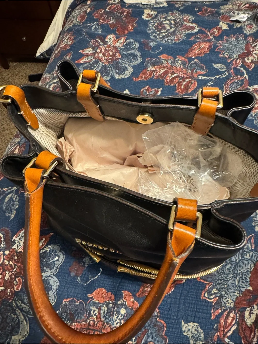 Dooney & Bourke Black and Tan Leather Top-Handle Satchel